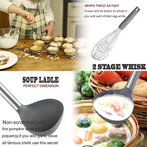 Silicone Kitchen Cooking Utensils Set with Stainless Steel Handle (Gray)