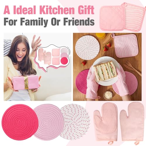 Pink Oven Mitts and Pot Holders 7 Sets (Pink White / Rubber Cotton / Stripes)