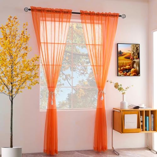 Solid Sheer Rod Pocket Curtain Voile Draperies 2 Panels White Beige Black Grey Coffee 52 Inch Width 54 Inch Long 1 Pair for Kitchen Bedroom Children Living Room Yard (Orange Red / 52"W x 54"L (Pack of 2))