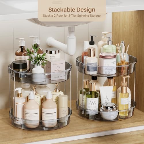 12 inch 2 Tier Lazy Susan Turntable Organizer Rotating Spice Rack Organization for Cabinet (Gray / 12in 1Pack High Edge)