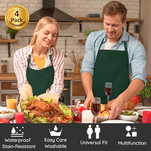 4 Packs Waterproof Cooking Chef Bib Aprons with 2 Pockets for Men Women (Green)