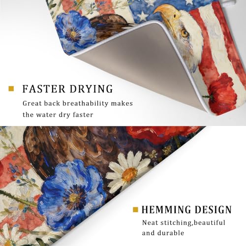4th of July American Flag Eagle Dish Drying Mat for Kitchen Counter 18x24 Patriotic Floral Memorial Day Absorbent Reversible Microfiber Drying Mats Kitchen Countertop Protector Dishes Drainer Pad (18" x 24")