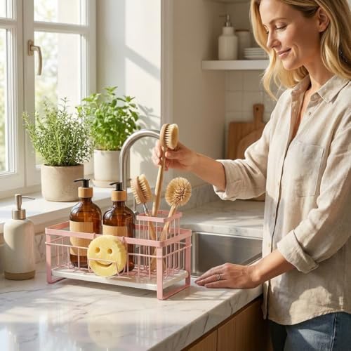 Extra Large Extendable Sponge Holder for Kitchen Sink Caddy Organizer (Pink)