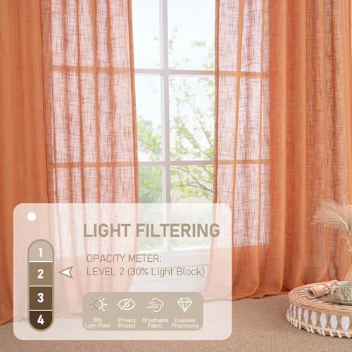 Burnt Orange Semi Sheer Linen Curtains 63 Inch Length 2 Panels (34"W x 63"L (Pack of 2) / Burnt Orange)