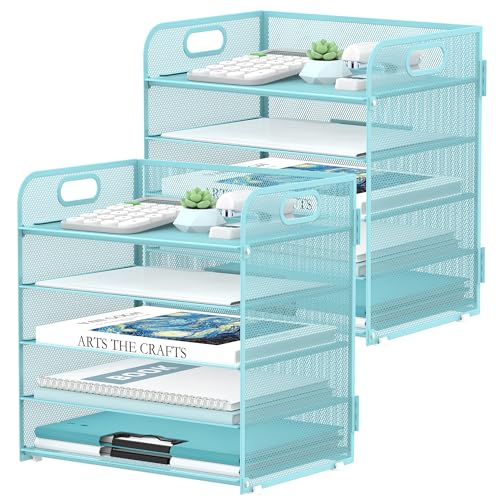 2 Pack 5 Tier Blue Desk Organizer with Handle Mesh Desk File (Blue)