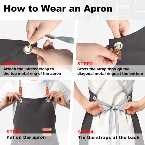 chef apron bib tool apron for man woman cross back straps with 4 pockets for kitchen cooking gardening baking working (Black)