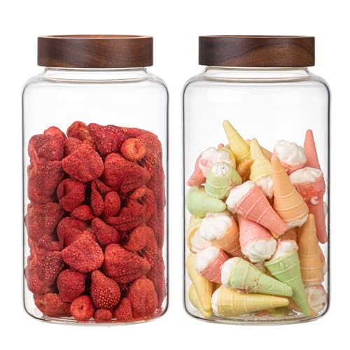 Large Glass Coffee Jars Round Storage Canister with Wooden Lid Clear Glass Food Jar for Pantry Sugar Tea Coffee Bean Spice Nuts Cookies Bath Salts (2300ml/77oz-2PACK)