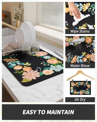 Coffee Mat Hide Stain Rubber Backed Absorbent Dish Drying Mat for Kitchen Counter (BLACK FLORAL / 16"X24")