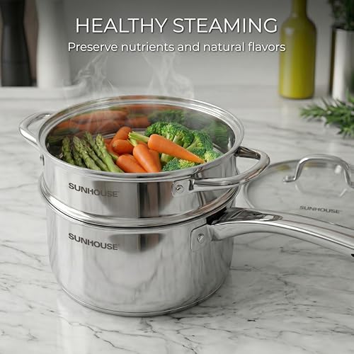 2 QT Stainless Steel Saucepan with Lid and Steamer Basket Insert