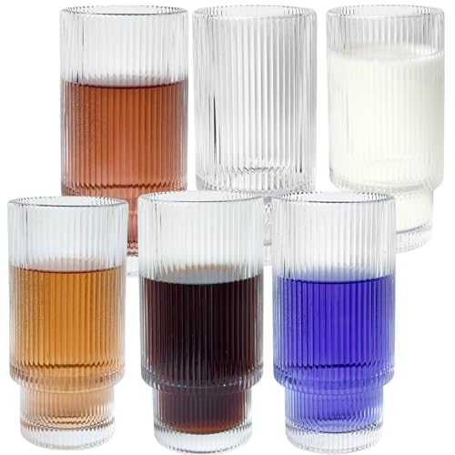 12 oz Ribbed Drinking Glasses Set of 6 (12 OZ / Transparent 6 Pcs)
