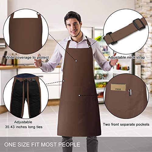 2 Pack Bib Aprons with 2 Pockets Cooking Chef Kitchen Apron for Women Men (Brown)