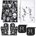 6 Pcs Skull Kitchen Decor Set Kitchen Towels Oven Mitt Pot Holder (Classic Color / Skull)