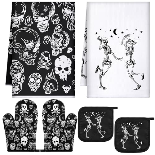 6 Pcs Skull Kitchen Decor Set Kitchen Towels Oven Mitt Pot Holder (Classic Color / Skull)