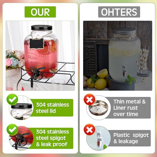 2 Pcs 2 Gallon Glass Drink Dispenser with Stand Ice Cylinder Hanging Chalkboard Signs 18 (Black Spigot)