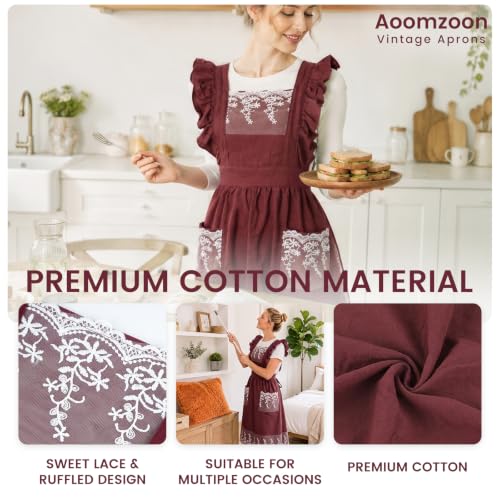 Aoomzoom Vintage Aprons for Woman with Pockets Cute Lace Ruffle Adjustable Apron for Cooking Kitchen Baking Gardening (Red)