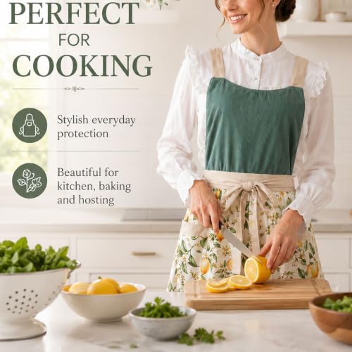 Pinafore Apron Dress for Women with Pockets Adjustable Floral Kitchen Apron (Sage Green)