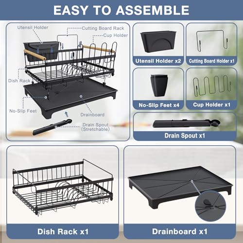 Dish Rack for Kitchen Counter with Drainboard Dish Drying Rack Rustproof Carbon Steel (1 Tier Standard)