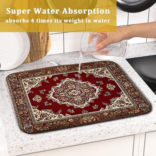 Vintage Boho Dish Drying Mat Antique Tribal Rustic Red Floral Dish Drainer Mats 16"x18" Ethnic Carpet Microfiber Reversible Dish Drying Rack Pad Protector for Kitchen Countertop Decor (18" x 16")