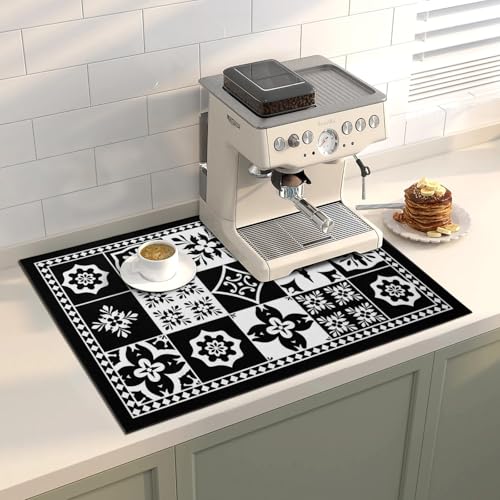 Coffee Mat Dish Drying Mat Hide Stain High Absorbent Bar Mat for Countertops Easy Clean (Retro Black / 24" x 16")