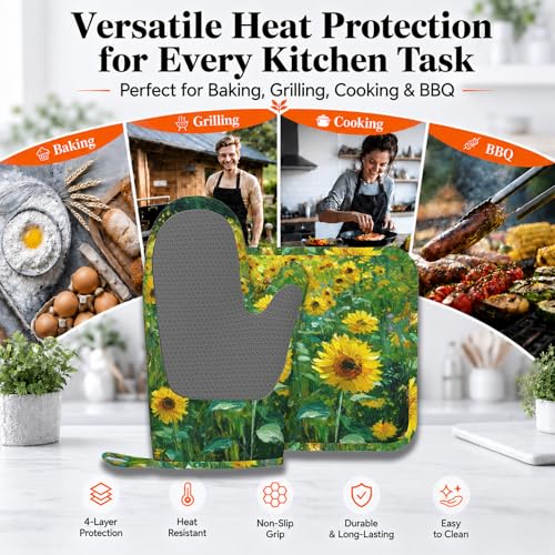 Vintage Sunflower Oven Mitts and Pot Holders Sets Flower Oil Painting Silicone Heat Resistant Kitchen Oven Gloves Pot Holder for Cooking Baking Grilling BBQ (Vintage Sunflower)