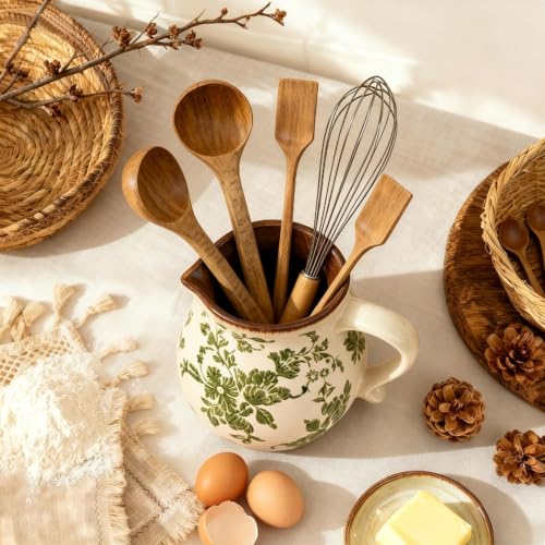 Farmhouse Ceramic Utensil Holder (green leaves)