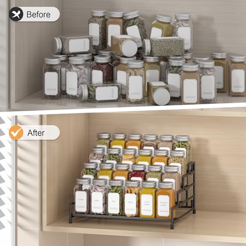 4-Tier-Spice-Rack-Organizer-for-Cabinet, Adjustable Depth Spice Holder Shelf For Countertop Pantry Cupboard, Metal Tiered Seasoning Organizer,Display Shelf Riser (Black-1 Pack) (Black-1 Pack)