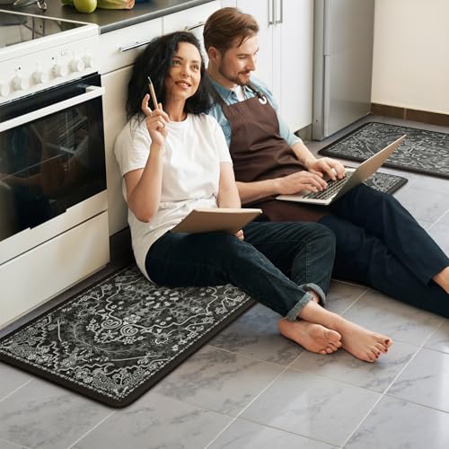 Anti Fatigue Kitchen Mat Cushioned (Black/Multi / 17.3" x 59"+17.3" x 29"--0.47 inches)