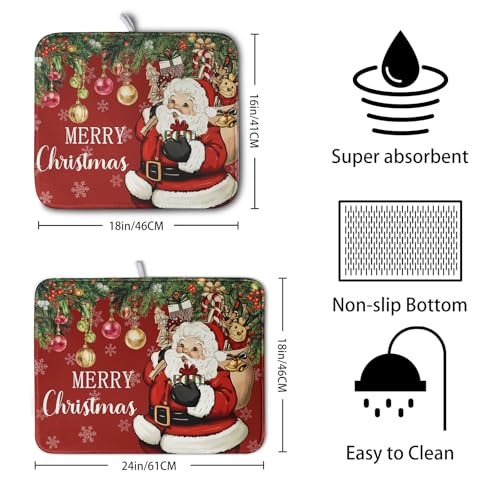 Merry Christmas Dish Drying Mat Santa Claus Kitchen Drainer Mats Microfiber Absorbent Winter Xmas Holiday Dishes Pad Reusable Dish Rack Mat for Countertop Tableware Decor 18x24 Inch (Christmas Santa Claus Red / 18" x 24")