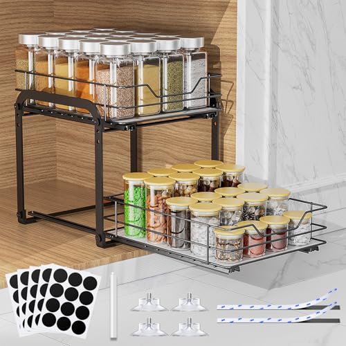 Pull Out Spice Rack Organizer for Cabinet (Black / 9"W X 10.5"D X 9"H - 2 Tier)