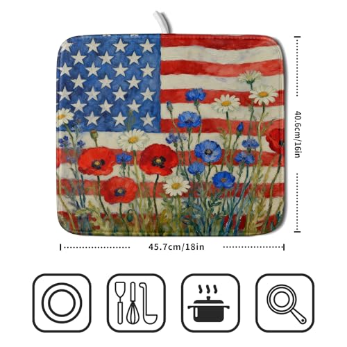 Patriotic American Flag Dish Drying Mat for Kitchen Counter 16x18 4th of July Red Blue White Floral Rustic Absorbent Reversible Microfiber Drying Mats Kitchen Countertop Protector Dishes Drainer Pad (16" x 18")