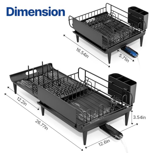 Expandable Dish Drying Rack for Kitchen Counter with Drainboard (1 Tier - Expandable - Black)