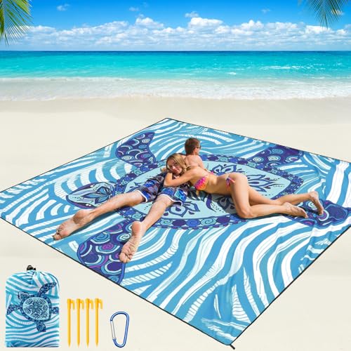 Beach Blanket Mat Waterproof Sandproof for 2 (Blue Sea Turtle - Line Base / 79" X 83"（1-4person）)