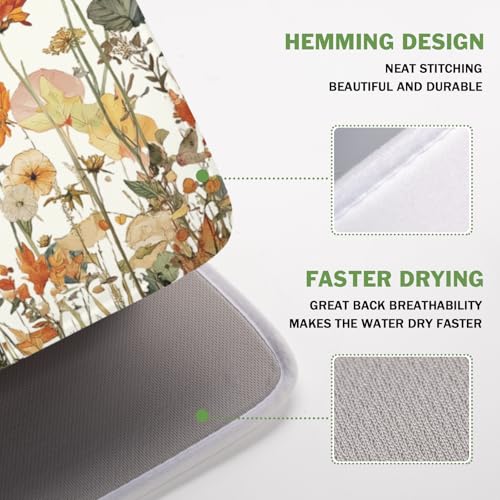 Fall Floral Dish Drying Mat for Kitchen Counter Orange Rustic Vintage Wildflower Pattern Microfiber Dish Drainer Mat Autumn Absorbent Washable Drying Pad Extra Large 16"x18" (Fall Floral / 18" x 16")