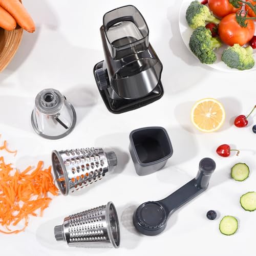 Rotary Cheese Grater with Handle Kitchen Shredder Slicer Grater Slicer Ice Shaver Cheese Vegetable Nuts Potato Zucchini Chocolate 3 Interchangeable Blades (9.06"L x 4.33"W x 9.07"H / Dark Grey TSP)