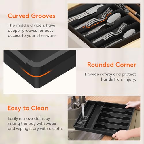 Silverware Drawer Organizer Tray (Black / 12.3 x 16 inch (7 Slots))