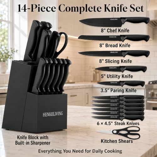 14 Piece Black Kitchen Knife Block Set with Built (Black)