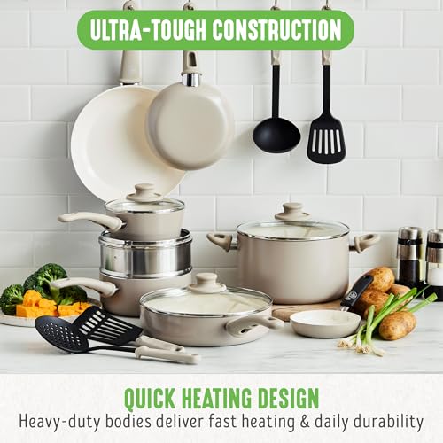 16 Piece Ceramic Nonstick Pots & Pans Cookware Set (16 Piece Cookware Set / Soft Grip / Taupe)