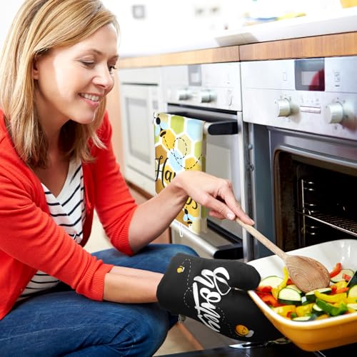 6 Plaid Bee Kitchen Towels Oven Mitts and Pot Holders Sets (Yellow and Black / Bee)