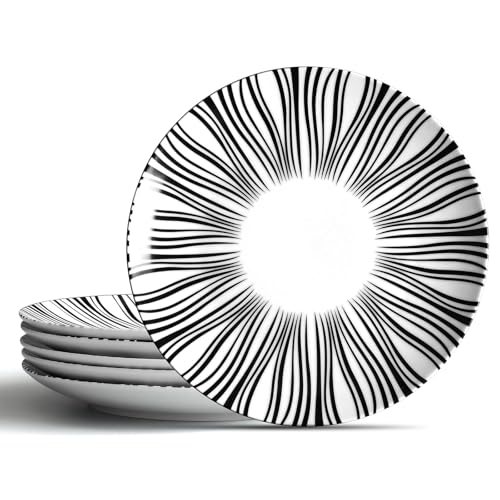 10" Black and White Striped Ceramic Plates Set of 6 (White plates with black stripes / 10 inch)