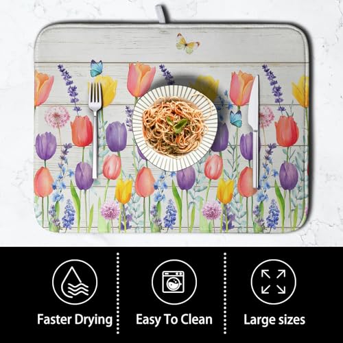 Tulip Floral Dish Drying Mat for Kitchen Counter Watercolor Spring Flower Dish Mat Absorbent Microfiber Dish Draining Mat Reversible Heat Resistant Dishes Pad Large 16 x 18 Inch (Spring Tulip Colorful / 16" x 18")