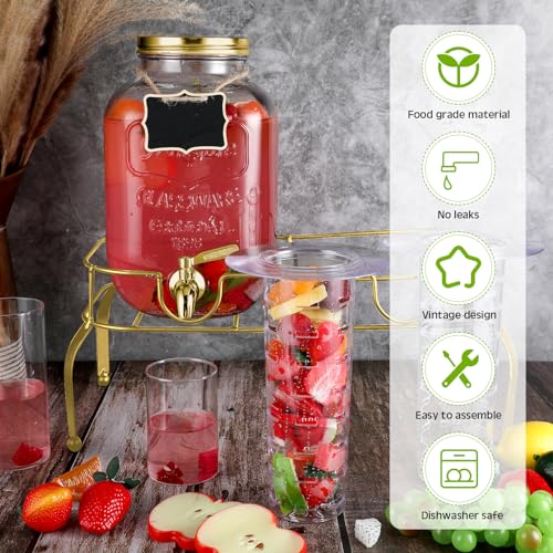 2 Pcs 2 Gallon Glass Drink Dispenser with Stand Ice Cylinder Hanging Chalkboard Signs 18 (Gold)