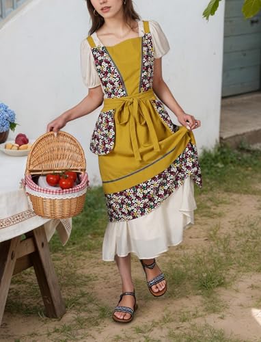 Kitchen Aprons for Women with Pockets Cute Floral Chef Pinafore Apron for Gardening Cooking Baking Painting (Mustard)
