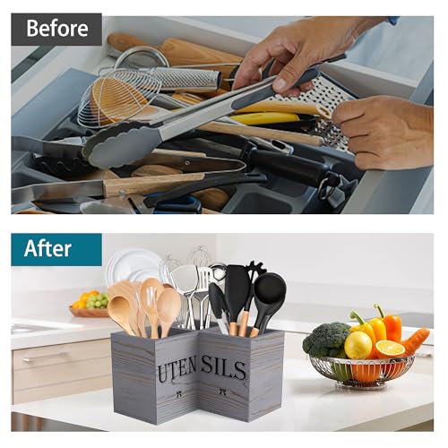 Extra Large Utensil Holder Countertop for Kitchen Counter (Grey Grain)