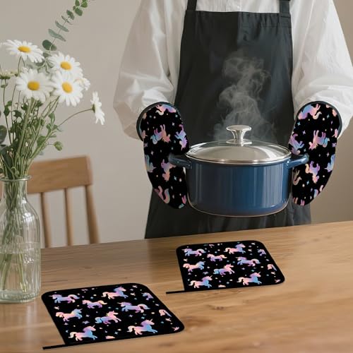 Cute Unicorn Pattern Oven Mitts and Pot Holders Set (Cute Unicorn Pink)