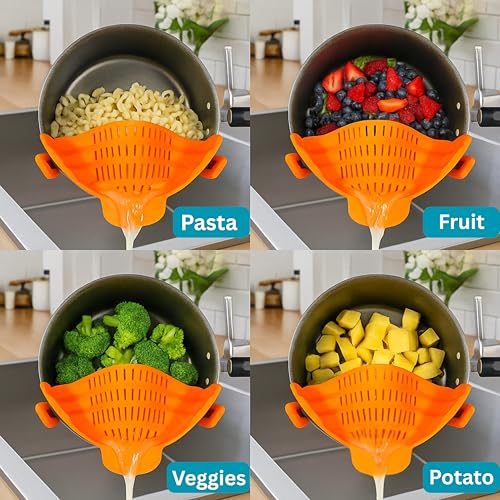 Clip On Strainer Silicone for Pots and Pans (Orange)