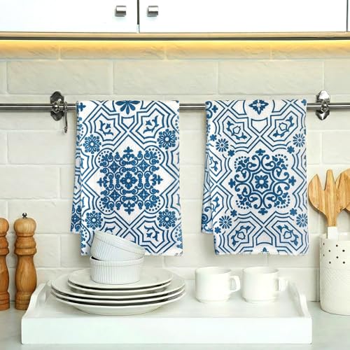 6 Pcs Kitchen Decor Set Accessory Farmhouse Kitchen Towels Pot Holders Oven Mitts Set 2 Dish Towels 2 Pot Holders 2 Cooking Mittens Oven Glove for Cooking (Blue,white / Chinoiserie Printed)
