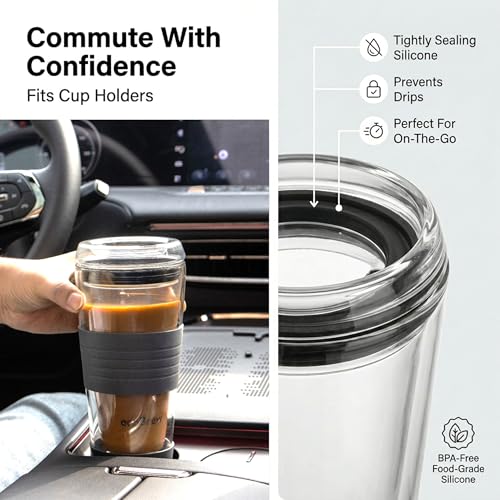 16oz Double Wall All Glass Tumbler with Lid (16 Ounces / Black)