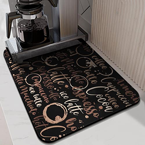 Coffee Bar Mat Accessories for Countertop Absorbent Hide Stain Rubber Backed Dish Drying Mats for Kitchen Counter Draining Pad Decor Gift (black-2 / 18" x 24")