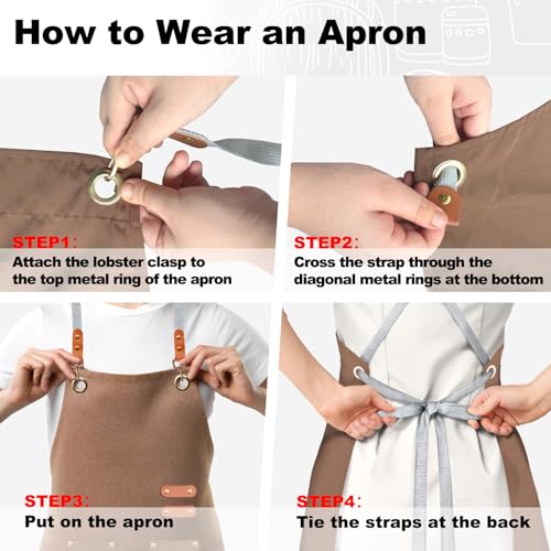 chef apron bib tool apron for man woman cross back straps with 4 pockets for kitchen cooking gardening baking working (Brown)