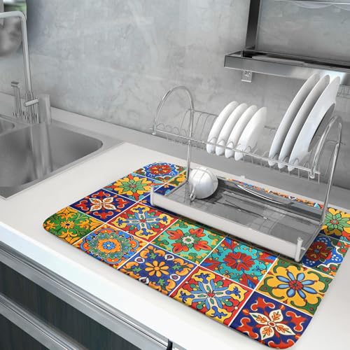 Mexican Tiles Dish Drying Mat for Kitchen Counter Absorbent Microfiber Dish Drying Pad Kitchen Gadgets Multi (Mexican Tiles Blue / 24" x 18")
